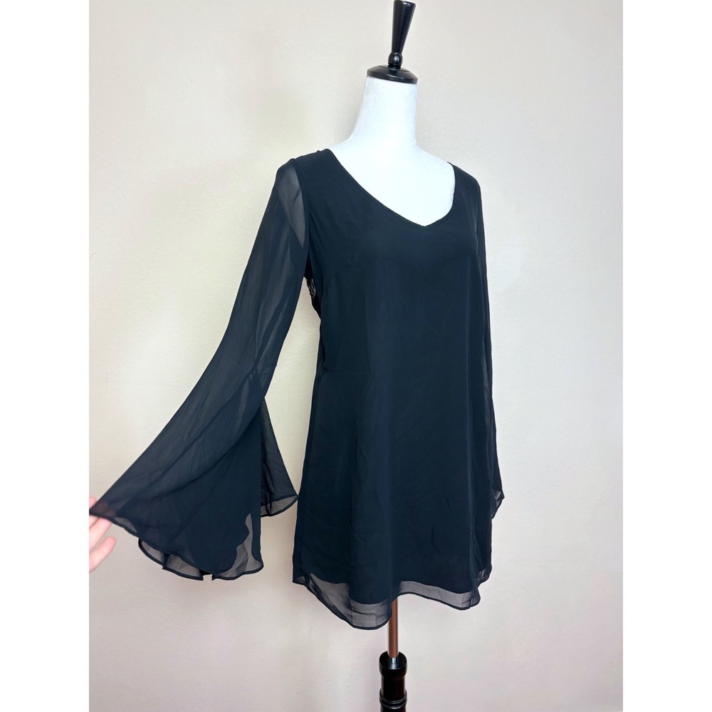 NEW BCBG Black Sheer & Lace Cutout Flare Sleeve Mini Dress Size Small Whimsigoth